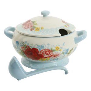 Pioneer Woman Sweet Rose Turquoise 3.17-Quart Soup Tureen with Ladle